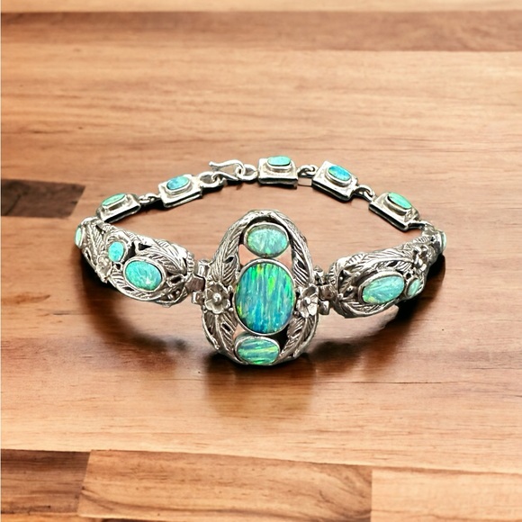 Fire Opal Solid Sterling Silver Bracelet - Picture 8 of 14